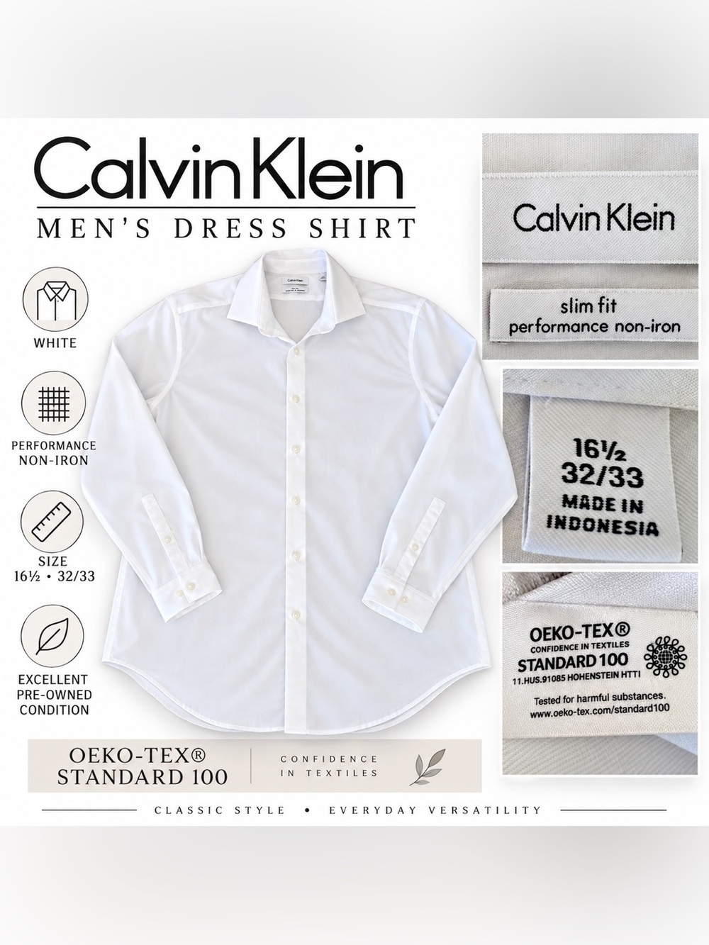 Calvin Klein White Slim Fit Men's Dress Shirt - Classic Spread Collar